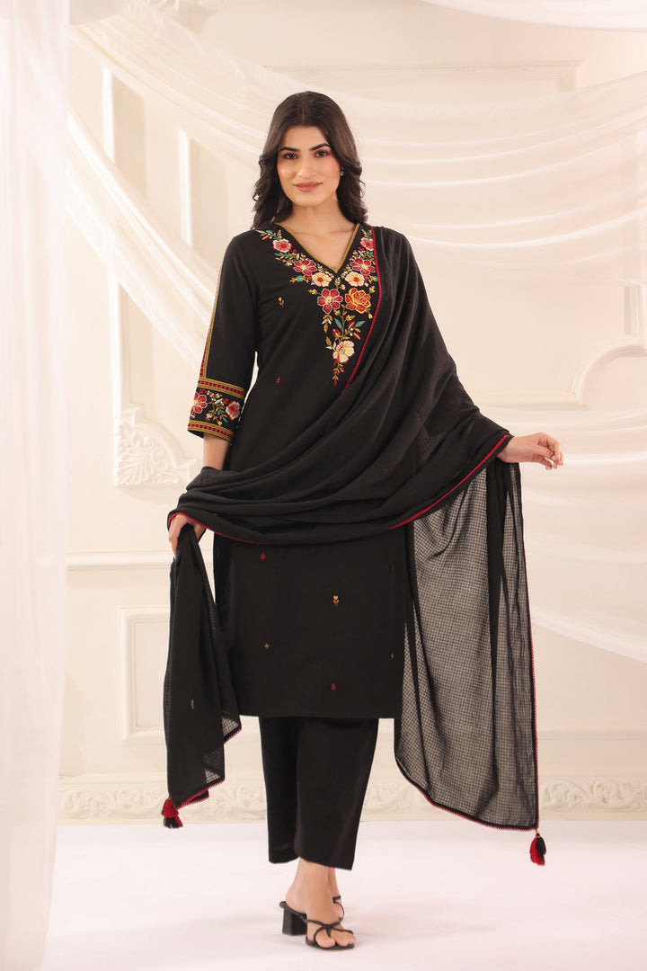 Black Cotton Flex Embroidered Designer Kurta Pant With Dupatta Set