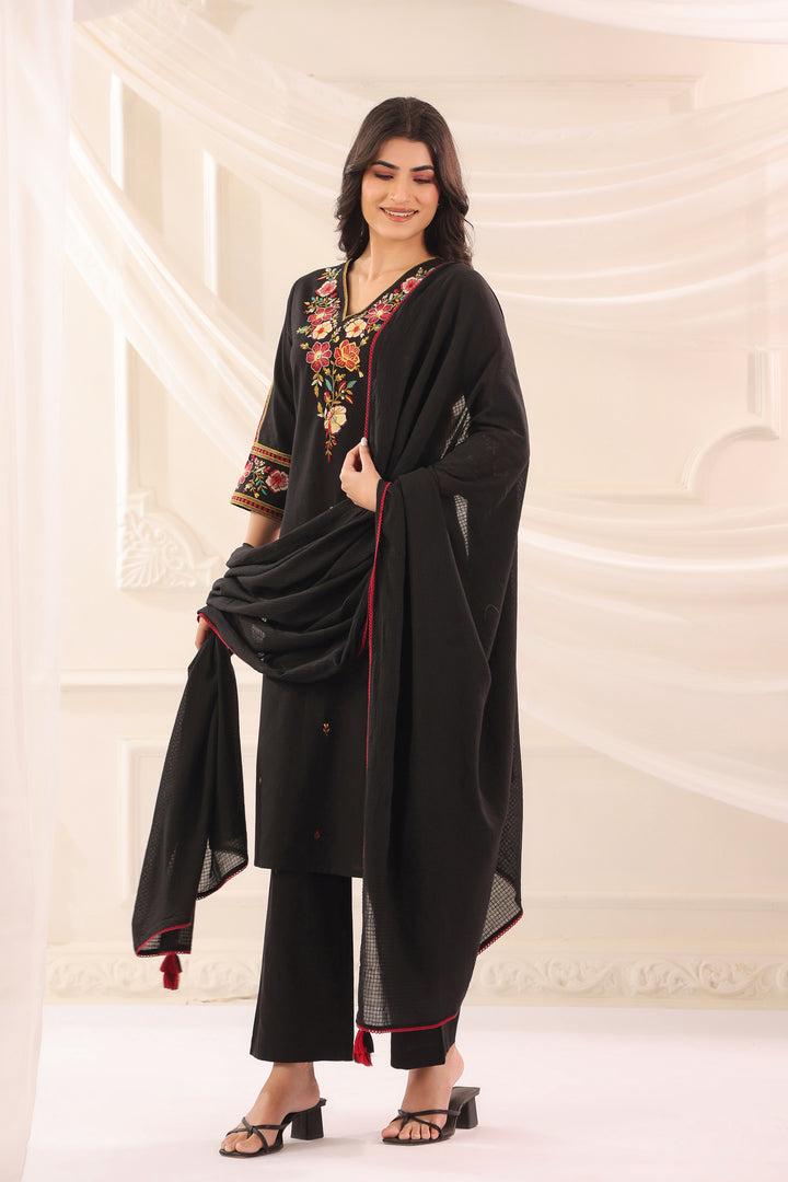 Black Cotton Flex Embroidered Designer Kurta Pant With Dupatta Set