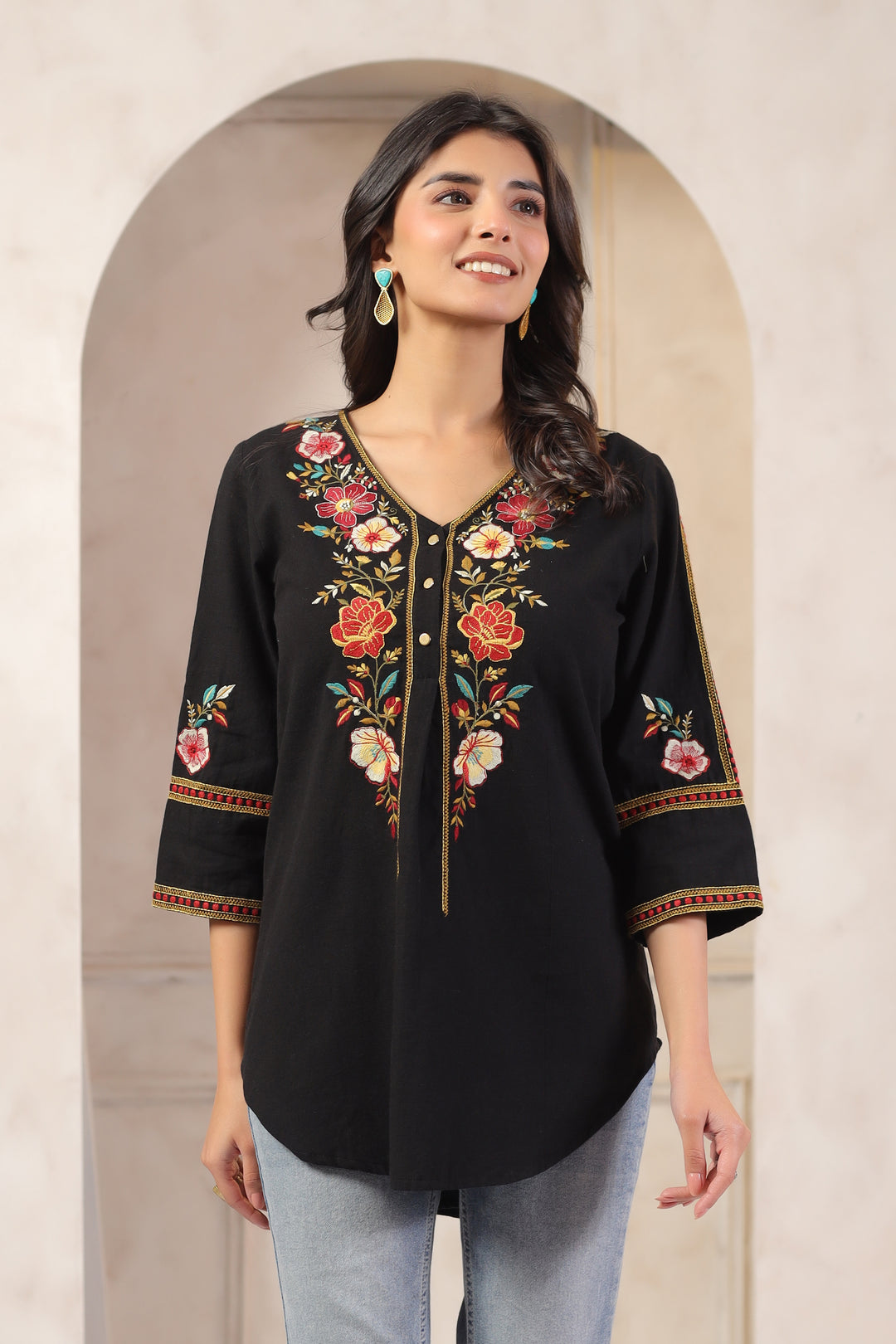 Black Cotton Embroidered Designer Top
