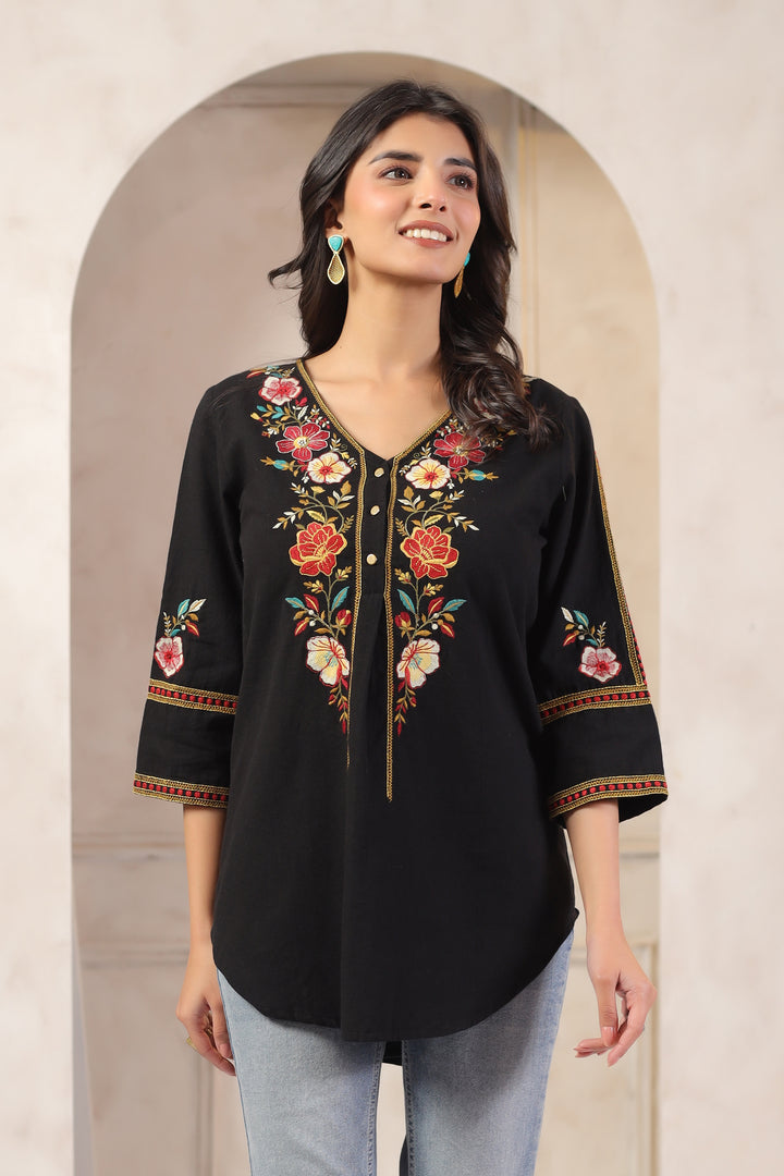 Black Cotton Embroidered Designer Top