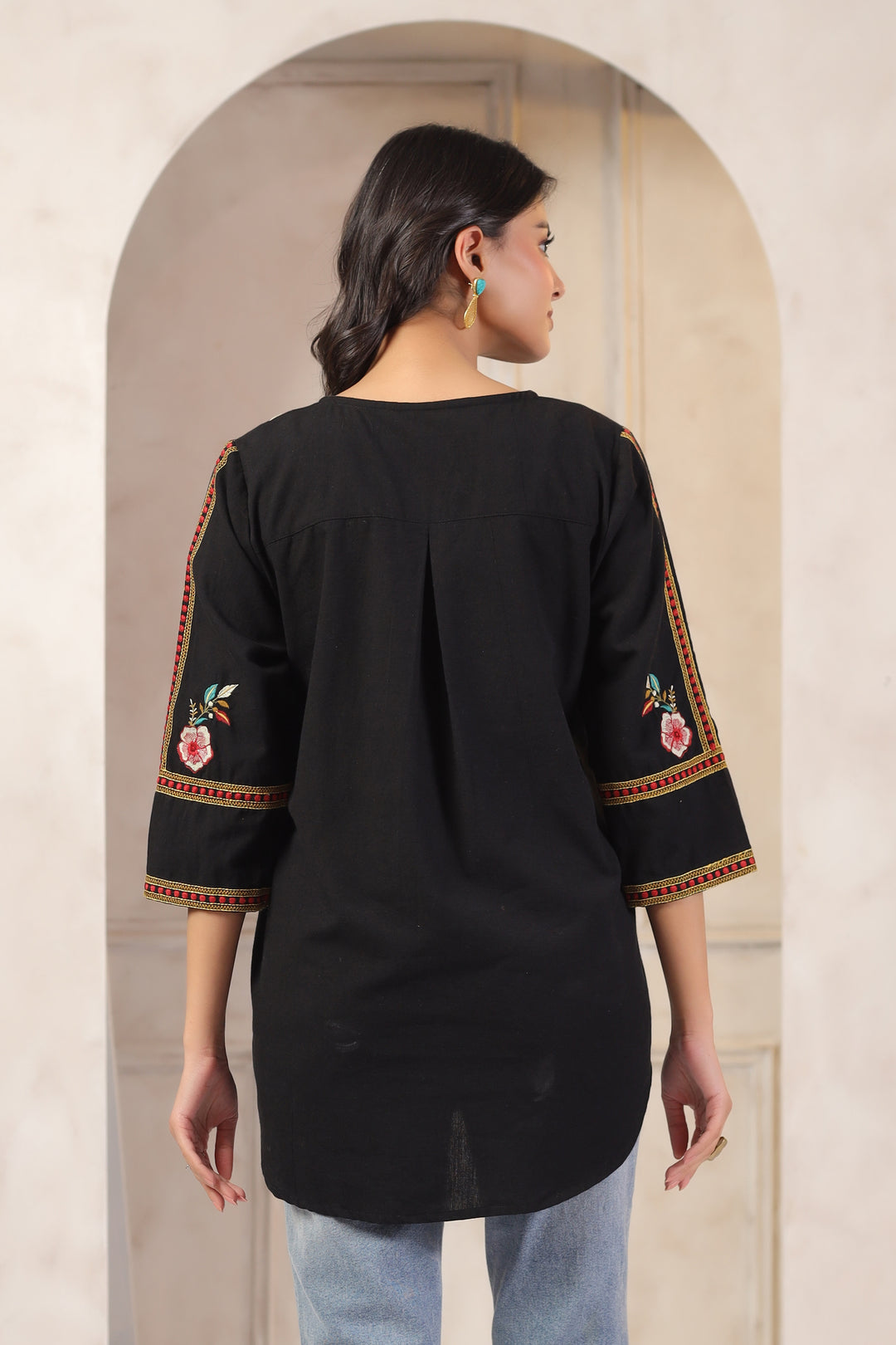 Black Cotton Embroidered Designer Top