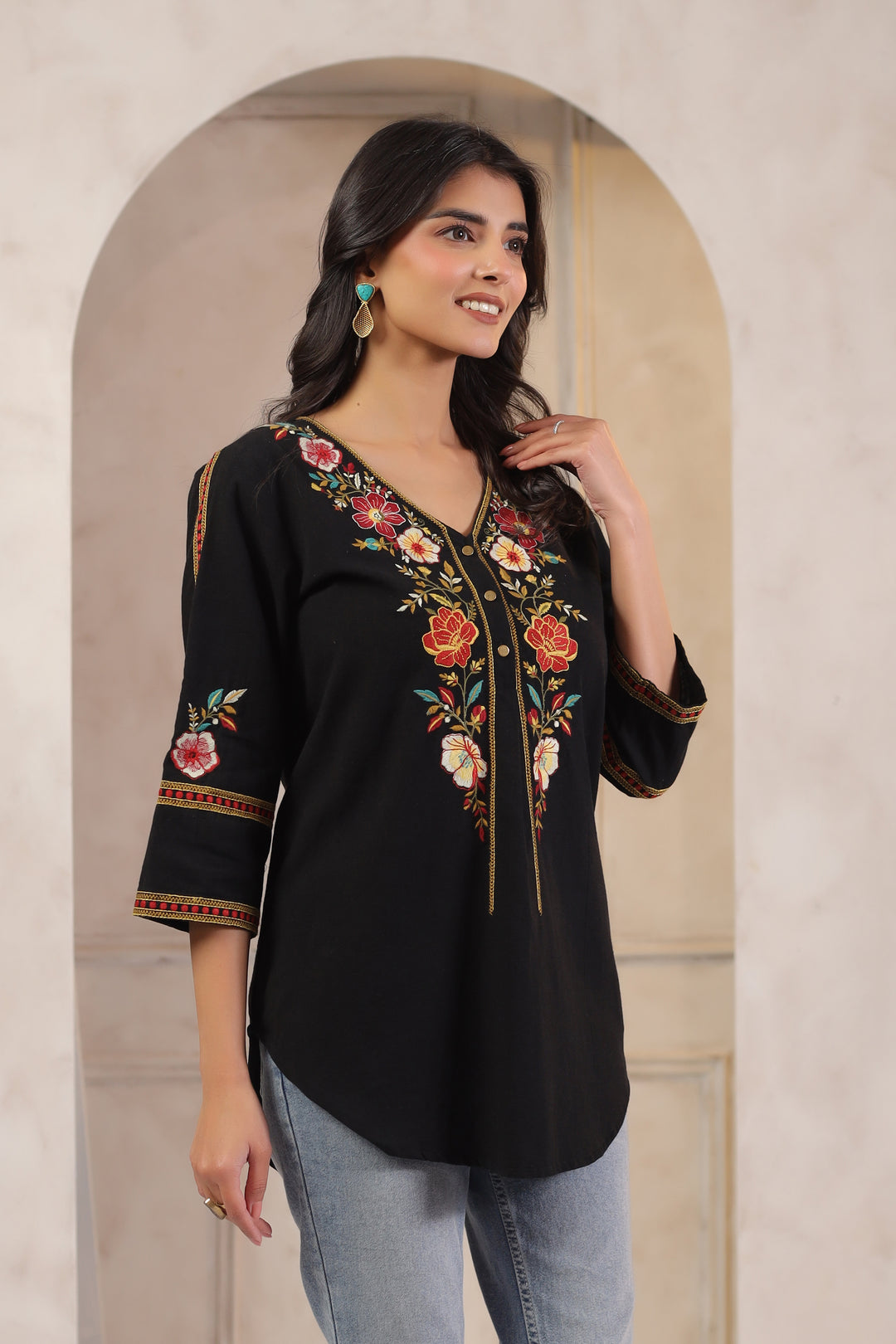 Black Cotton Embroidered Designer Top