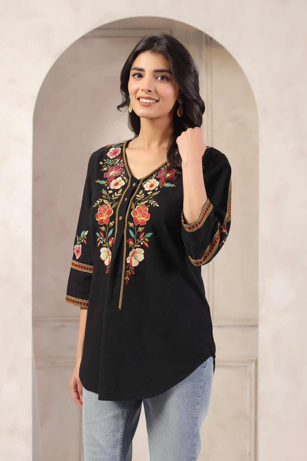 Black Cotton Embroidered Designer Top