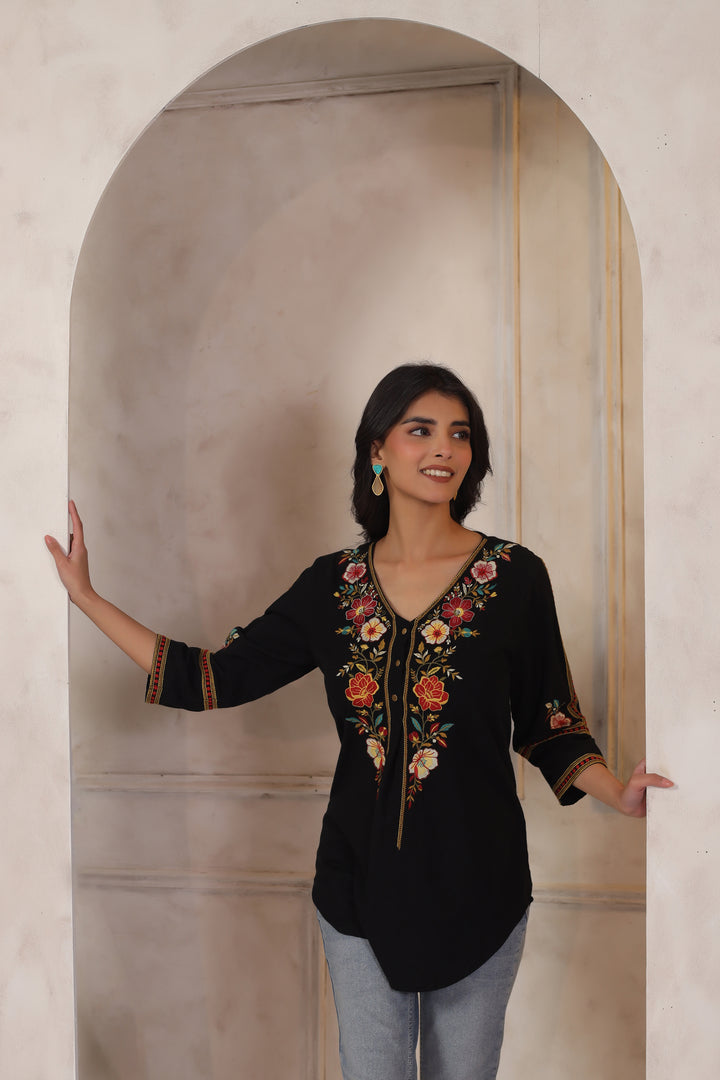 Black Cotton Embroidered Designer Top