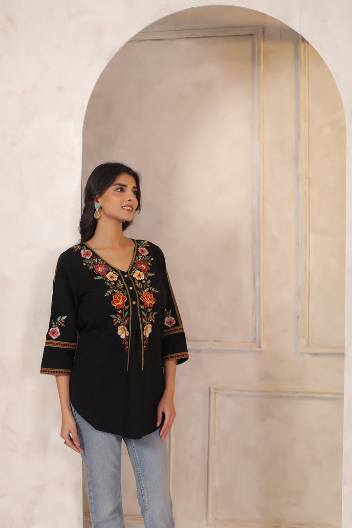 Black Cotton Embroidered Designer Top