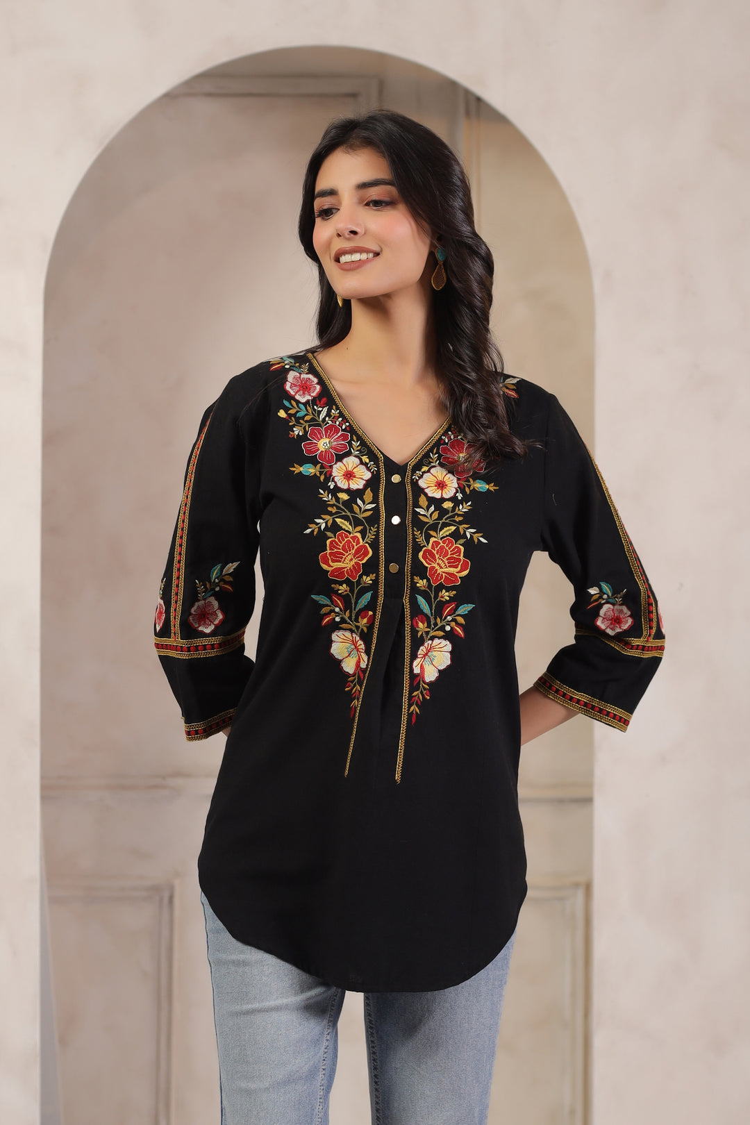 Black Cotton Embroidered Designer Top