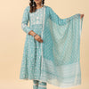 Blue Viscose Rayon Floral Print Zari Work A-Line Kurta Pant Dupatta Set