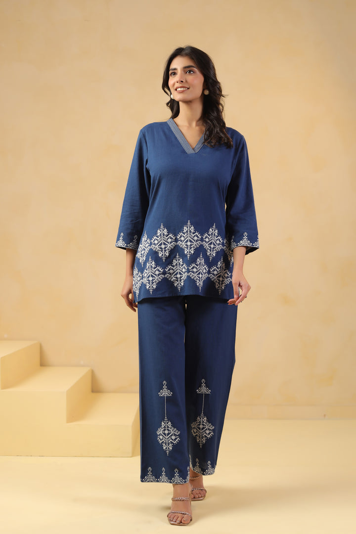 Blue Cotton Flex Embroidered Designer Co-Ords Set