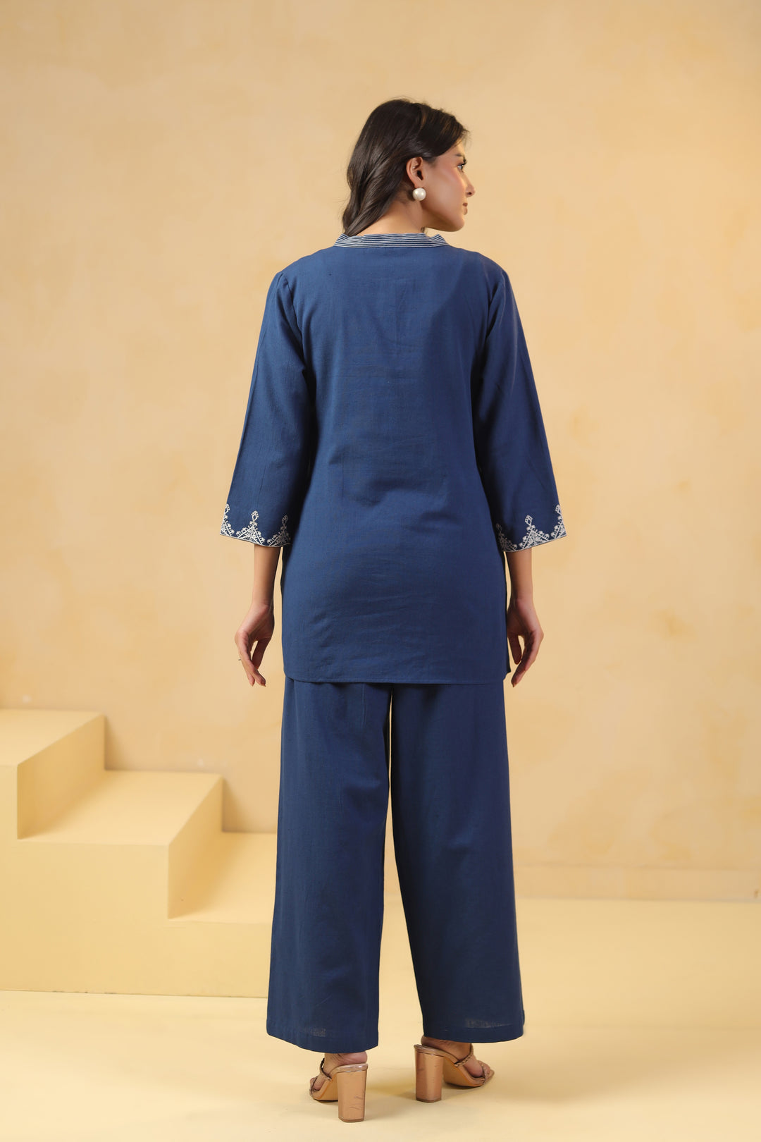 Blue Cotton Flex Embroidered Designer Co-Ords Set