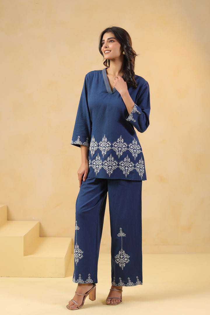 Blue Cotton Flex Embroidered Designer Co-Ords Set