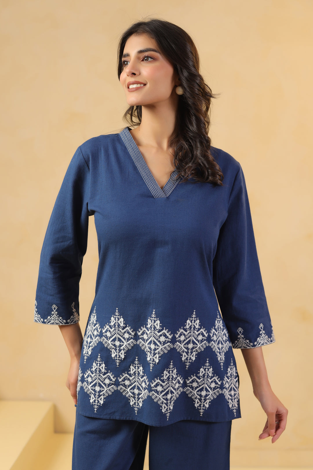 Blue Cotton Flex Embroidered Designer Co-Ords Set
