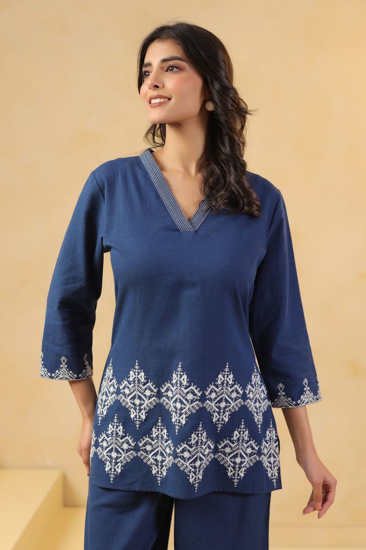 Blue Cotton Flex Embroidered Designer Co-Ords Set