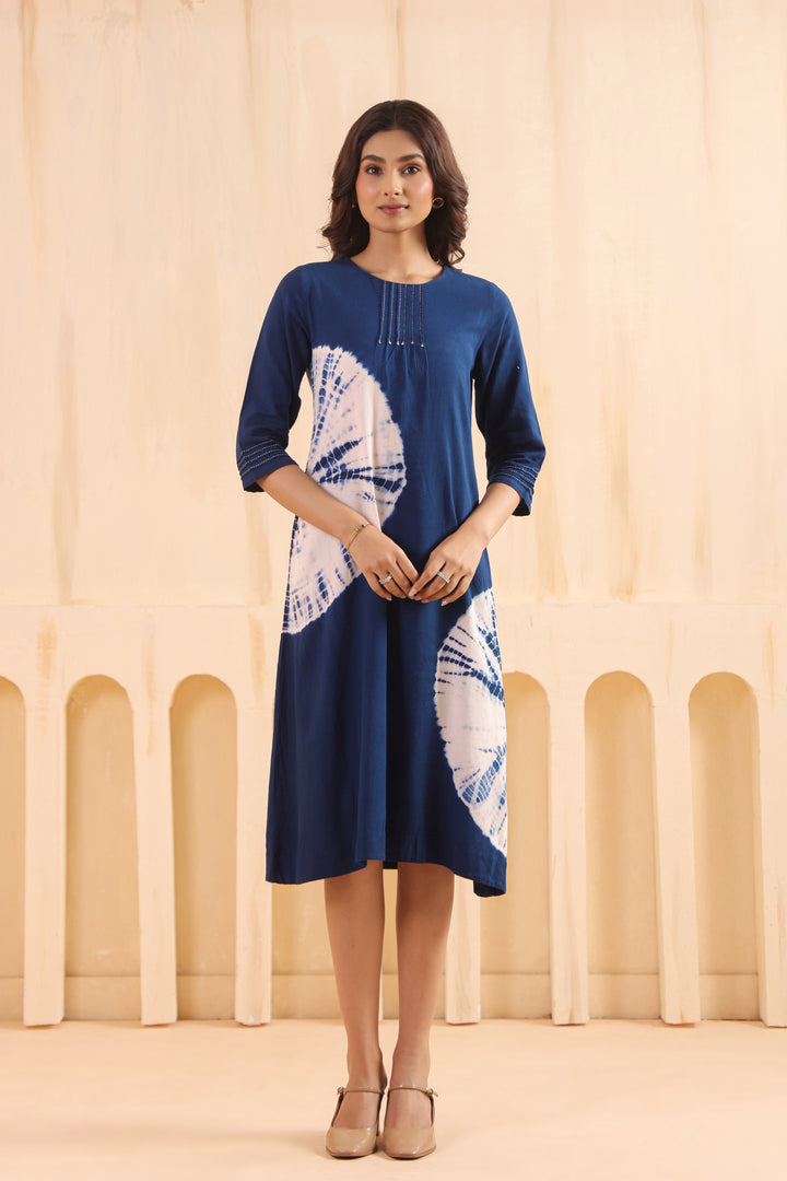 Blue Cotton Flex Tie Dye Designer A-Line Dress