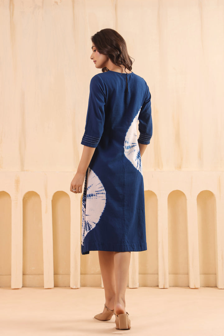 Blue Cotton Flex Tie Dye Designer A-Line Dress