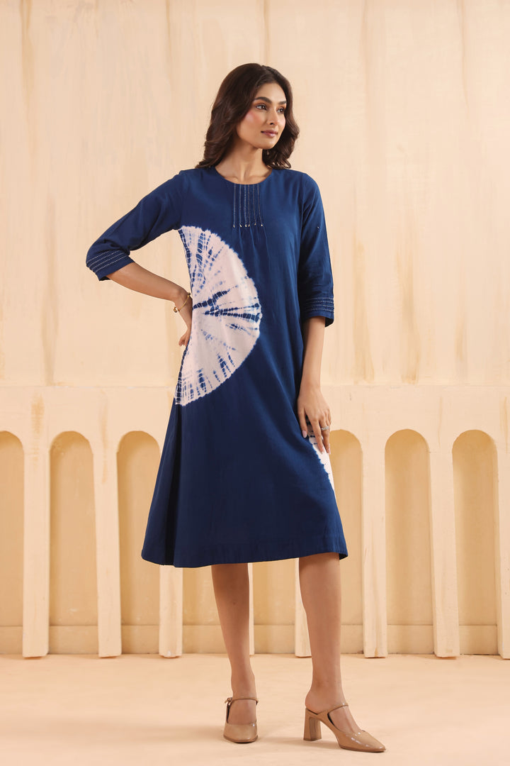 Blue Cotton Flex Tie Dye Designer A-Line Dress