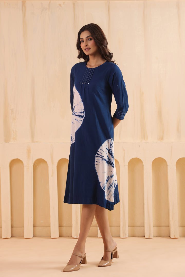 Blue Cotton Flex Tie Dye Designer A-Line Dress