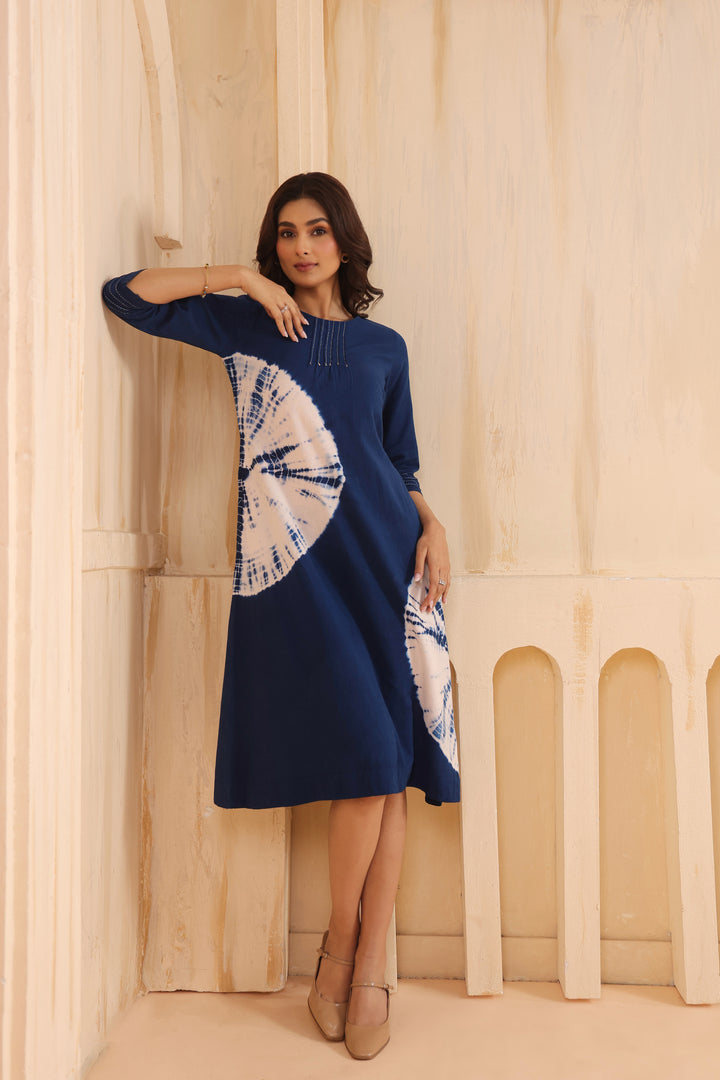 Blue Cotton Flex Tie Dye Designer A-Line Dress
