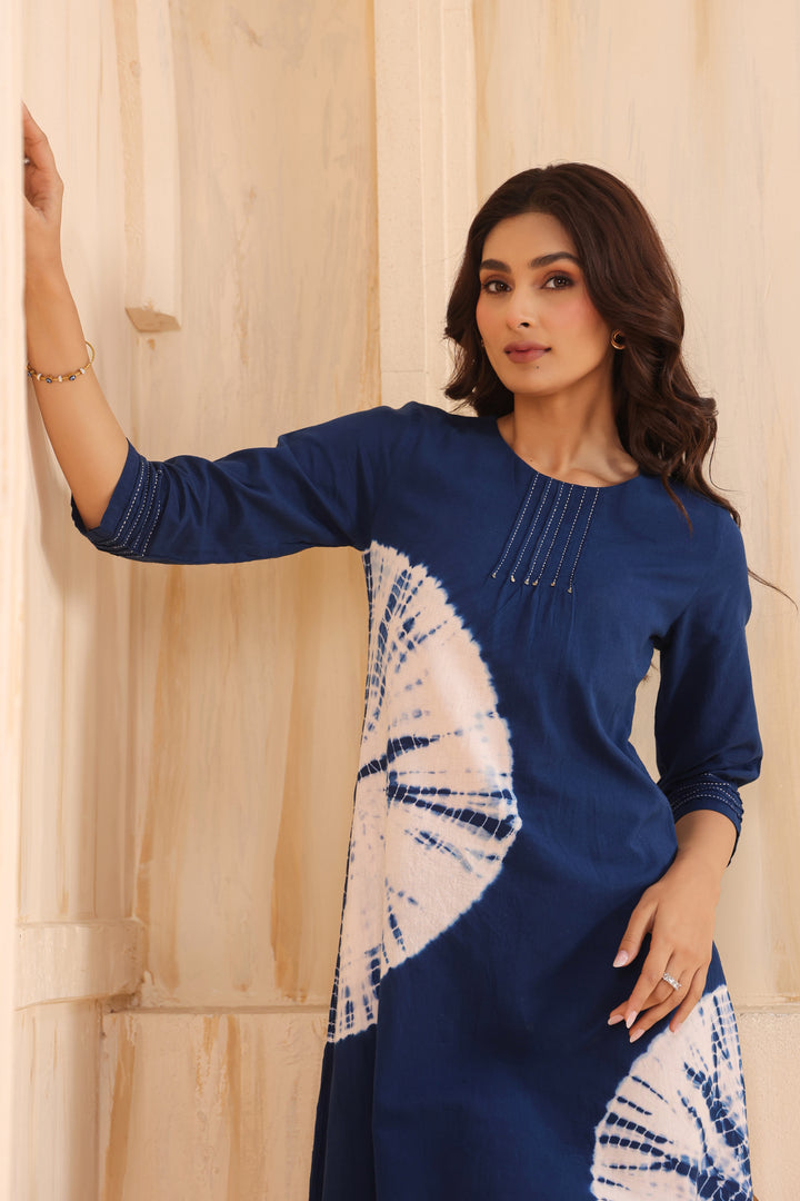 Blue Cotton Flex Tie Dye Designer A-Line Dress