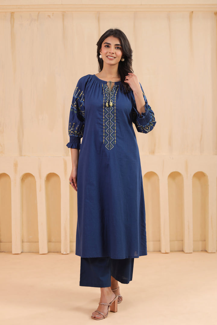 Blue Cotton Embroidered Designer Kurta Pant Set