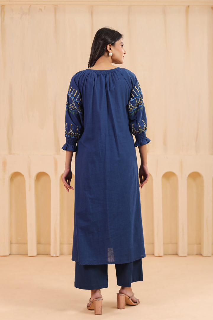 Blue Cotton Embroidered Designer Kurta Pant Set
