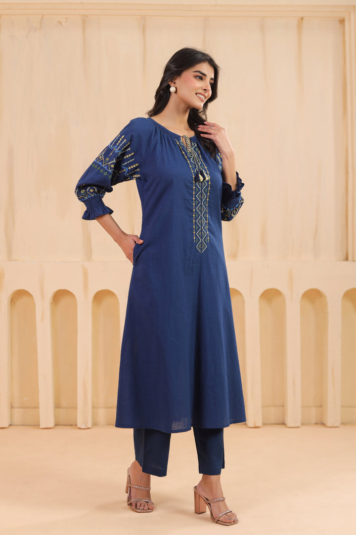 Blue Cotton Embroidered Designer Kurta Pant Set