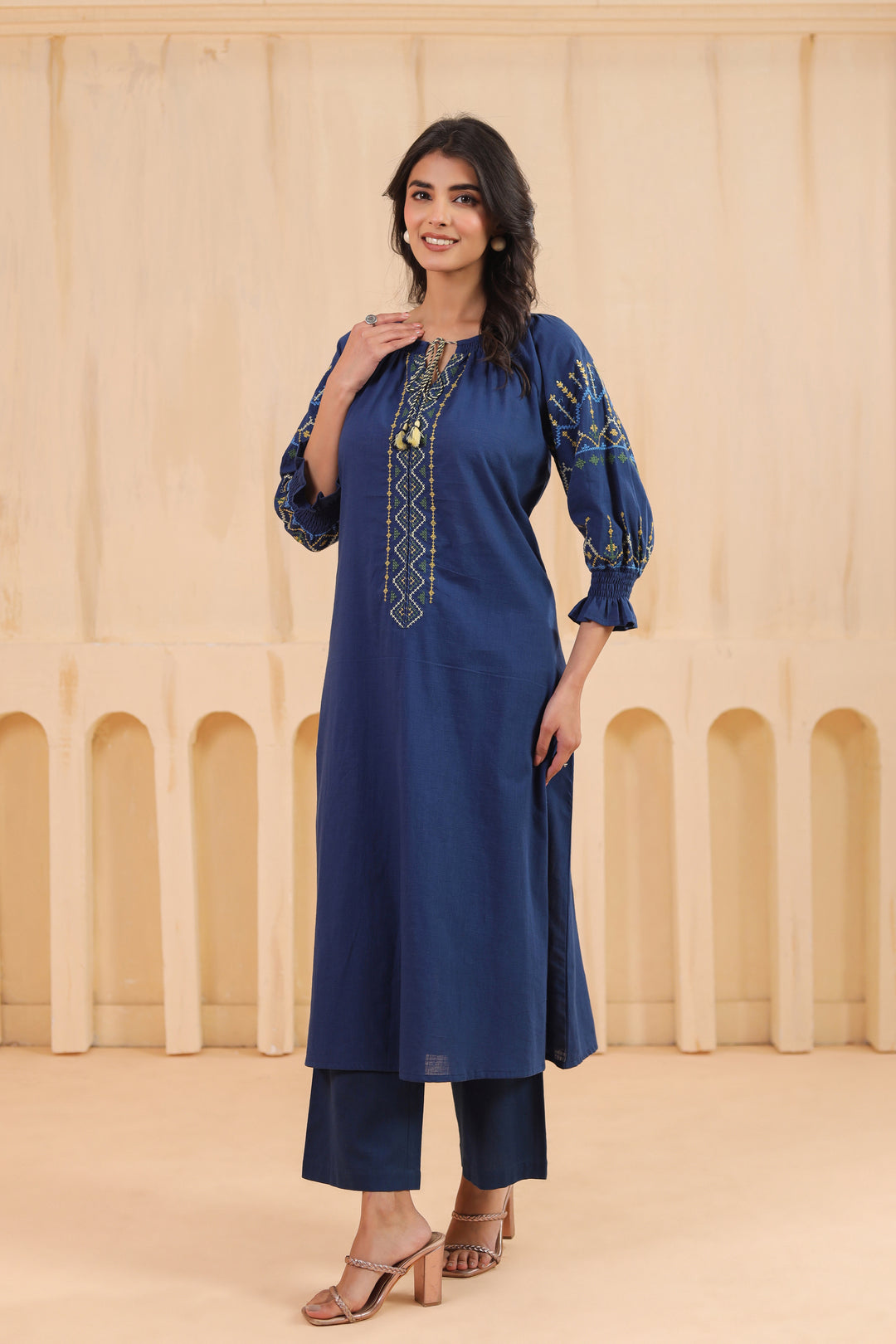 Blue Cotton Embroidered Designer Kurta Pant Set