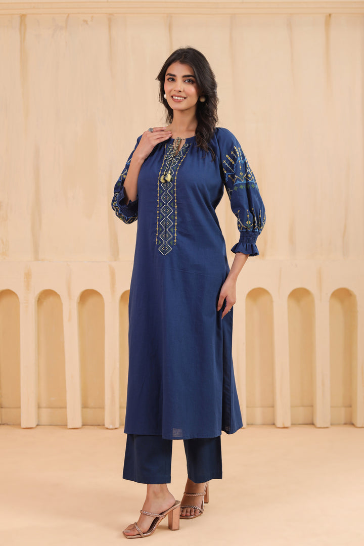 Blue Cotton Embroidered Designer Kurta Pant Set