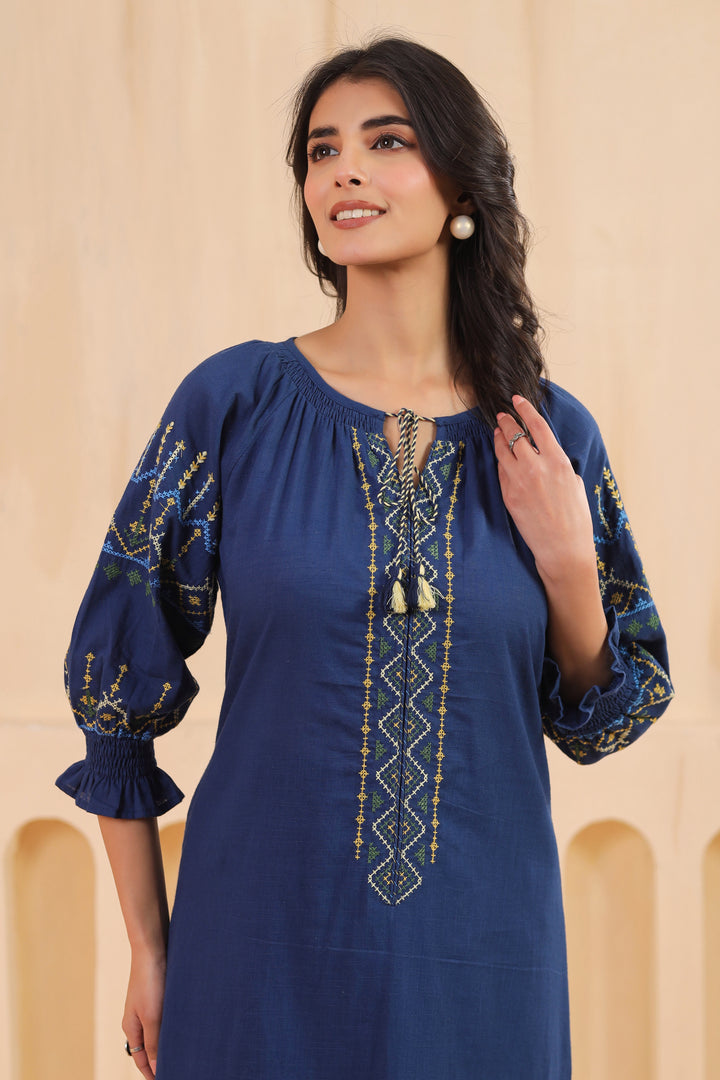 Blue Cotton Embroidered Designer Kurta Pant Set
