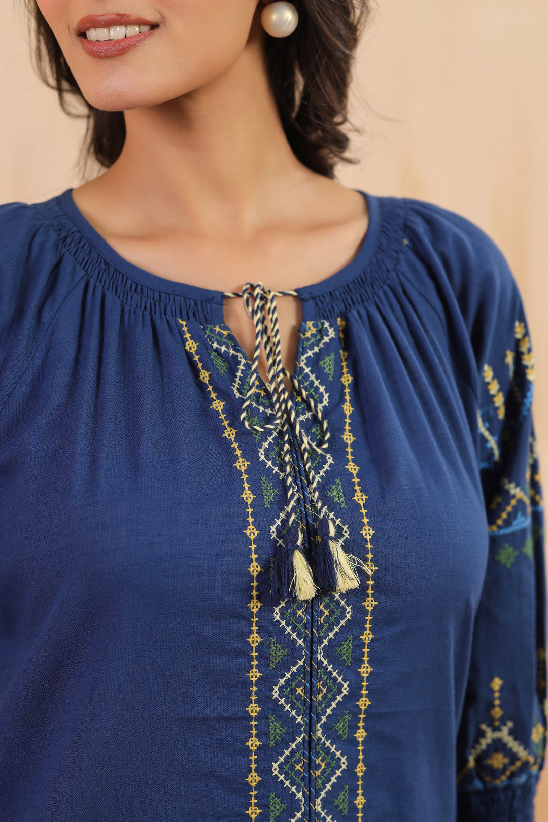 Blue Cotton Embroidered Designer Kurta Pant Set