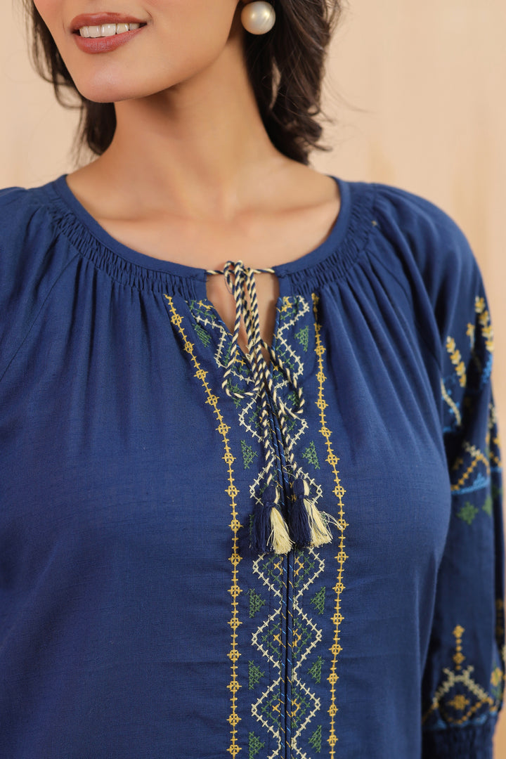 Blue Cotton Embroidered Designer Kurta Pant Set
