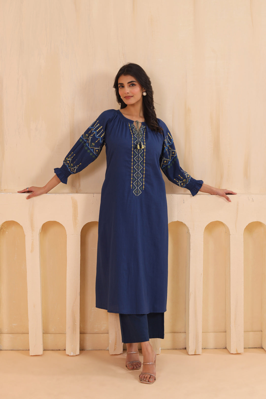Blue Cotton Embroidered Designer Kurta Pant Set