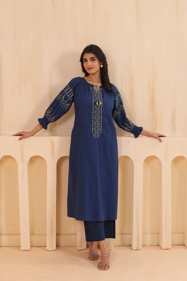 Blue Cotton Embroidered Designer Kurta Pant Set
