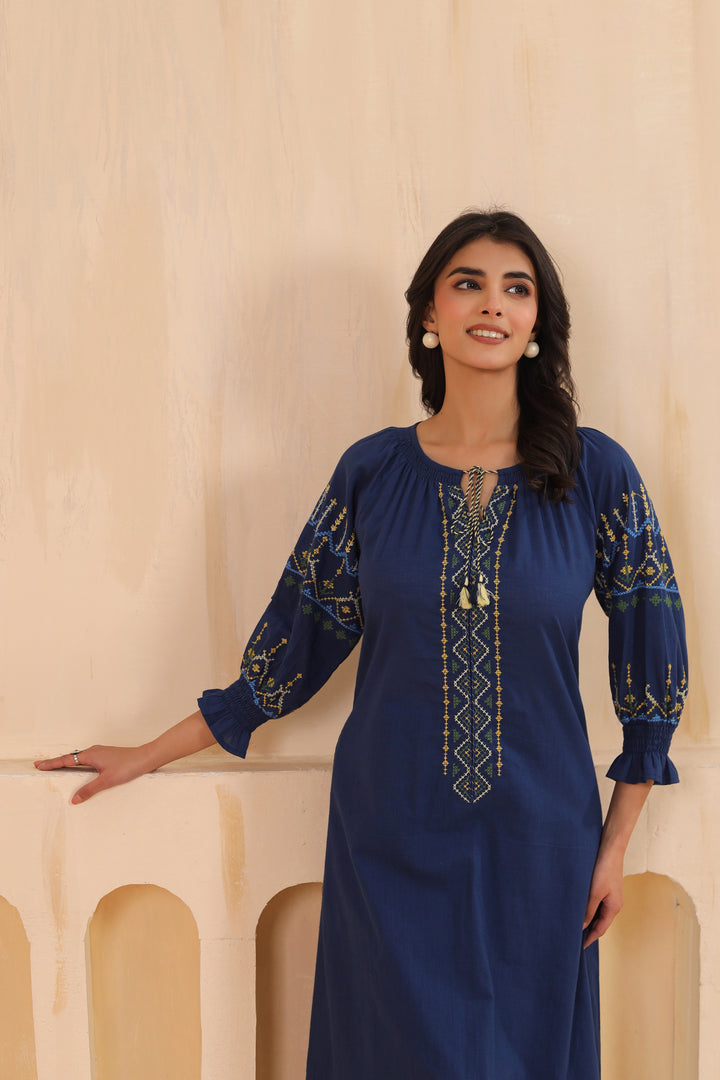 Blue Cotton Embroidered Designer Kurta Pant Set