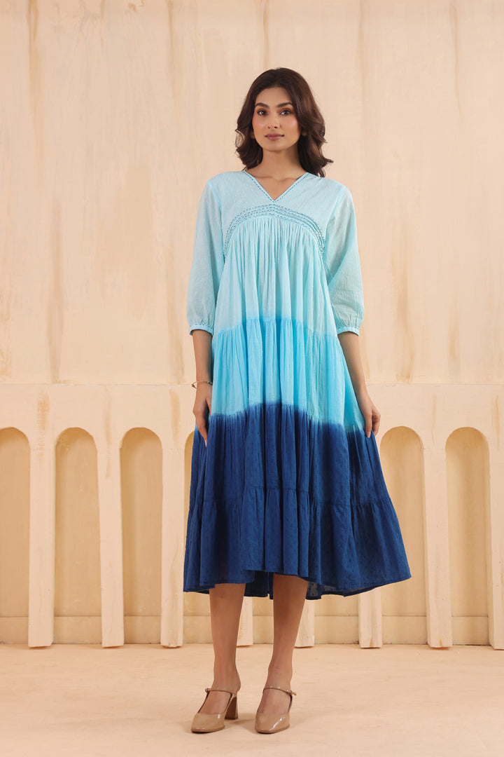 Sky Blue Cotton Dobby Ombre Dress