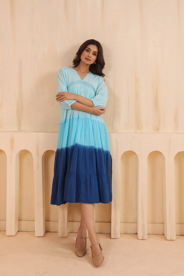 Sky Blue Cotton Dobby Ombre Dress