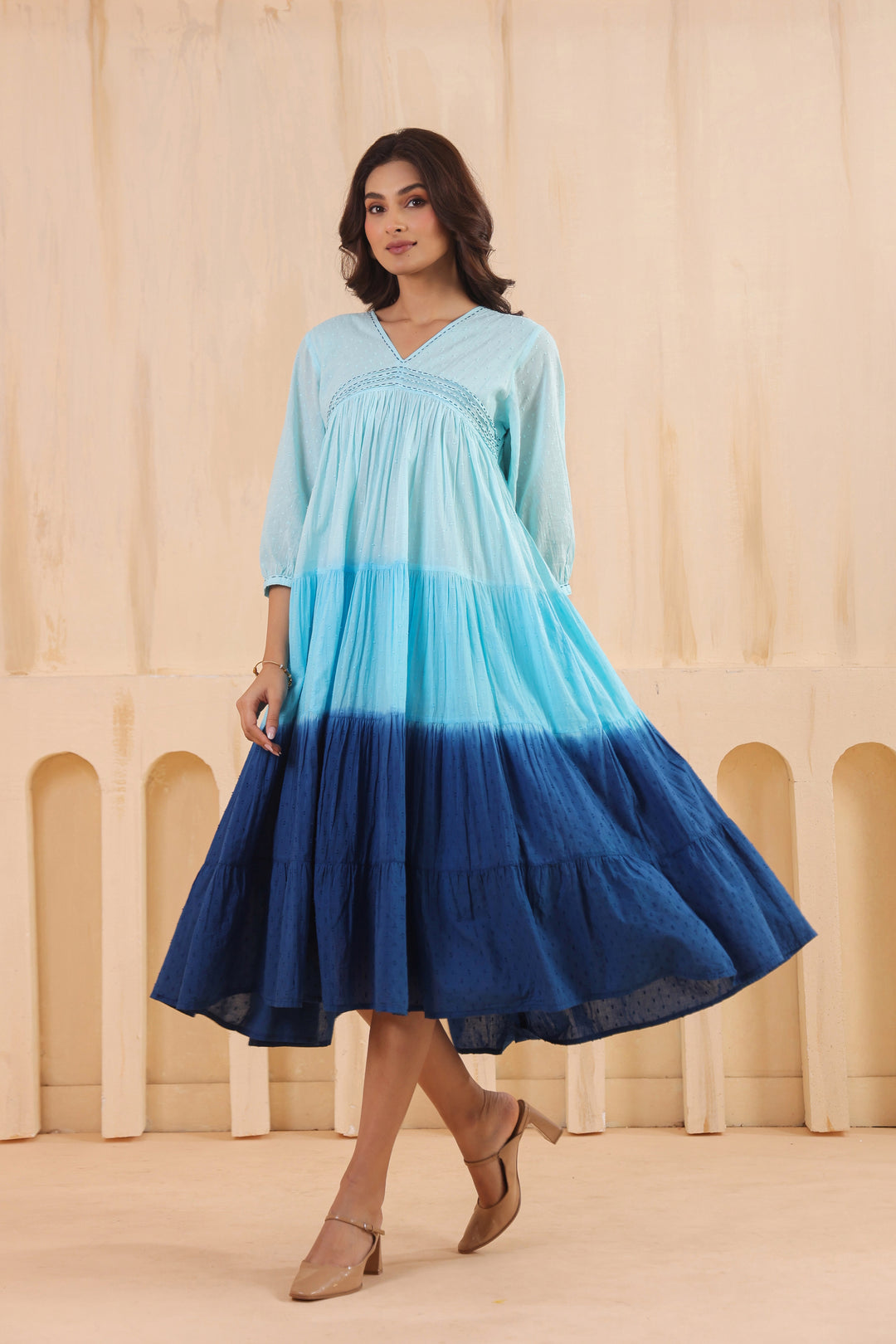 Sky Blue Cotton Dobby Ombre Dress