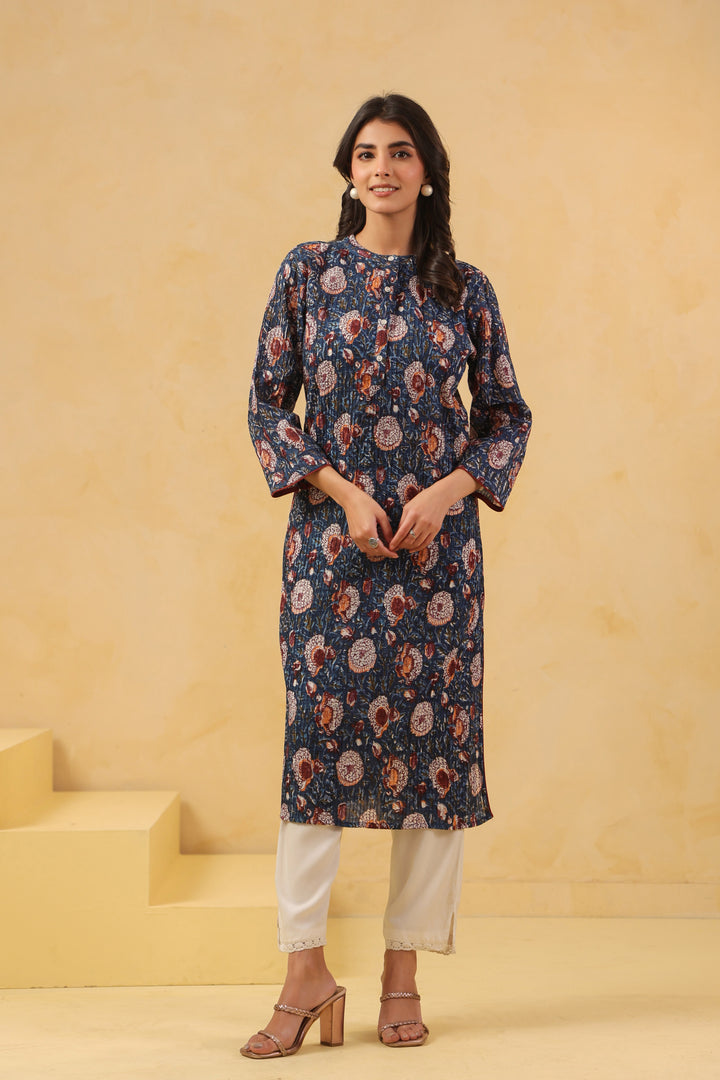 Blue Cotton Pintuck Detailing Straight Kurta