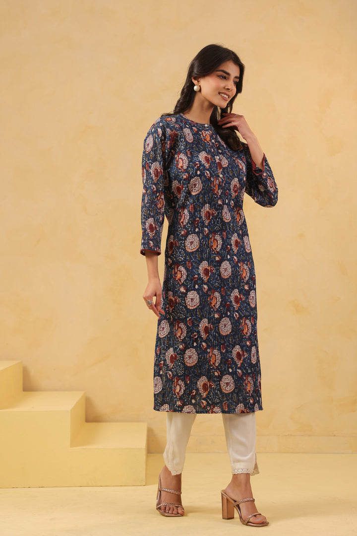Blue Cotton Pintuck Detailing Straight Kurta