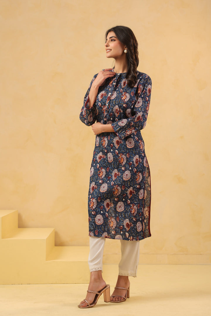 Blue Cotton Pintuck Detailing Straight Kurta