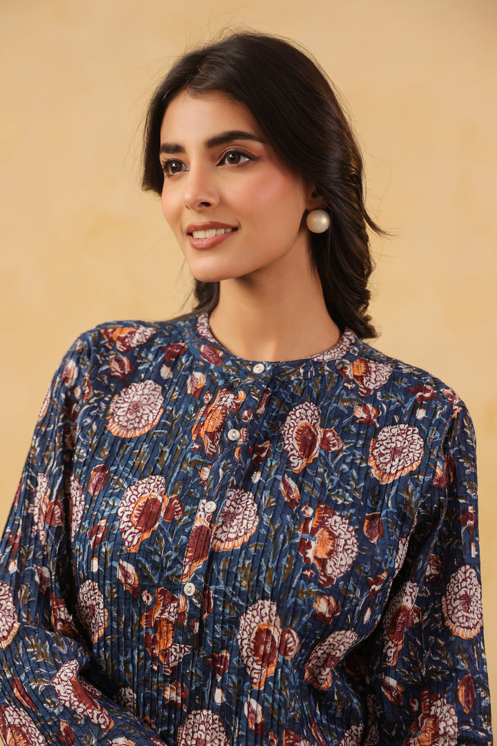 Blue Cotton Pintuck Detailing Straight Kurta