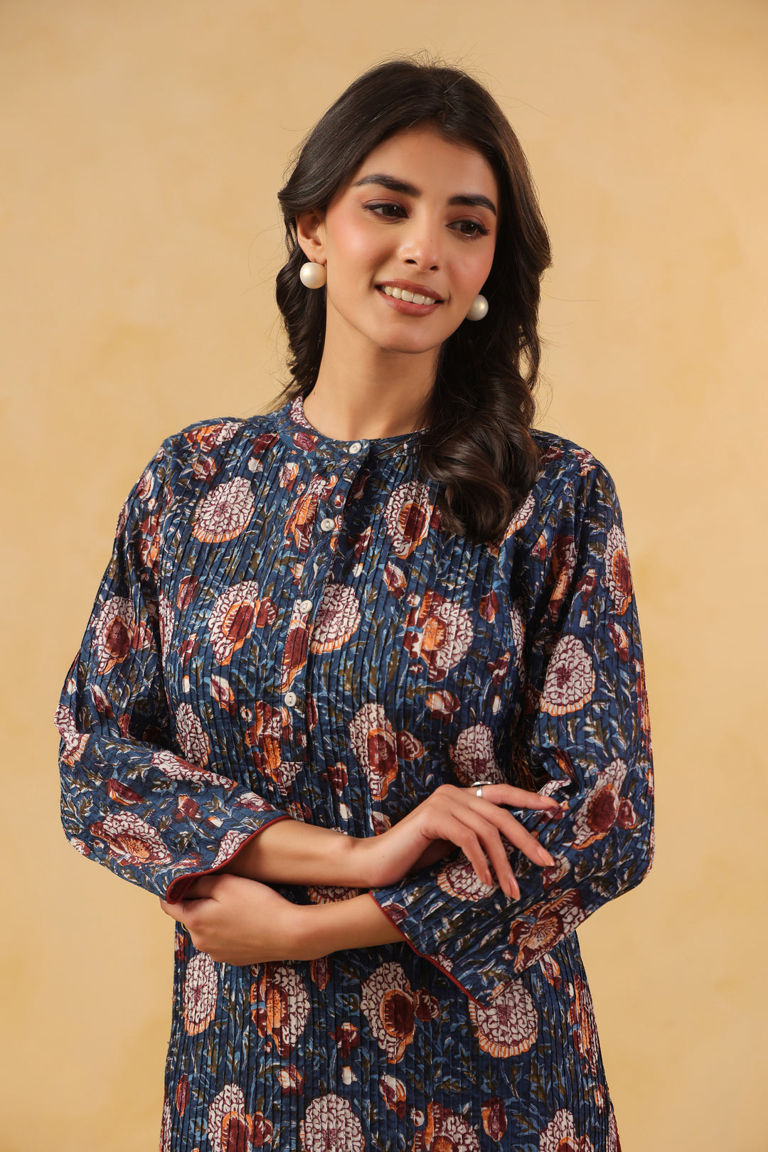 Blue Cotton Pintuck Detailing Straight Kurta