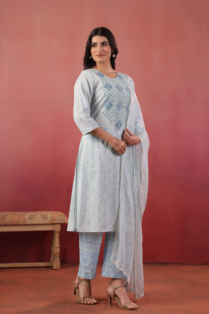 Sky Blue Embroidered Designer Kurta Pant With Dupatta Set
