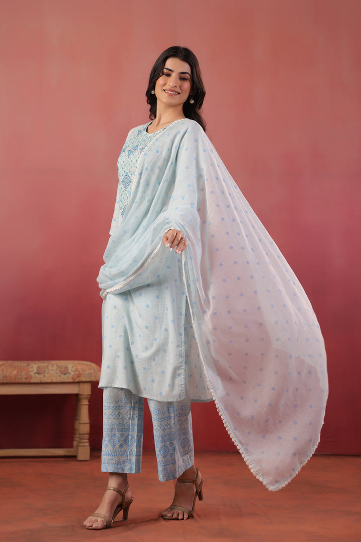 Sky Blue Embroidered Designer Kurta Pant With Dupatta Set