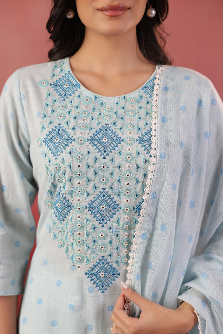 Sky Blue Embroidered Designer Kurta Pant With Dupatta Set