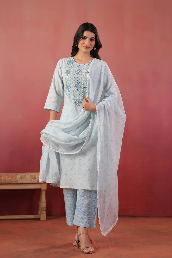 Sky Blue Embroidered Designer Kurta Pant With Dupatta Set