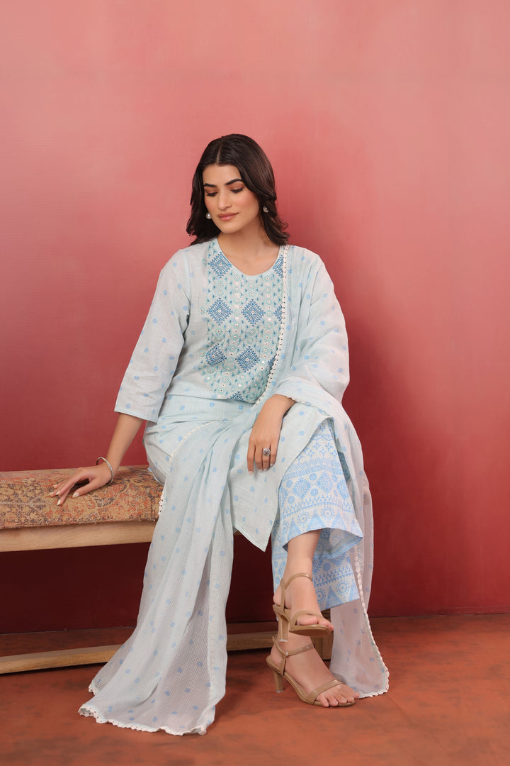 Sky Blue Embroidered Designer Kurta Pant With Dupatta Set