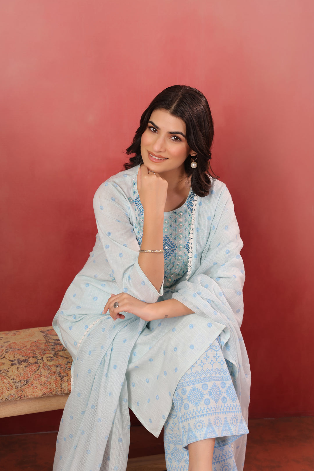 Sky Blue Embroidered Designer Kurta Pant With Dupatta Set