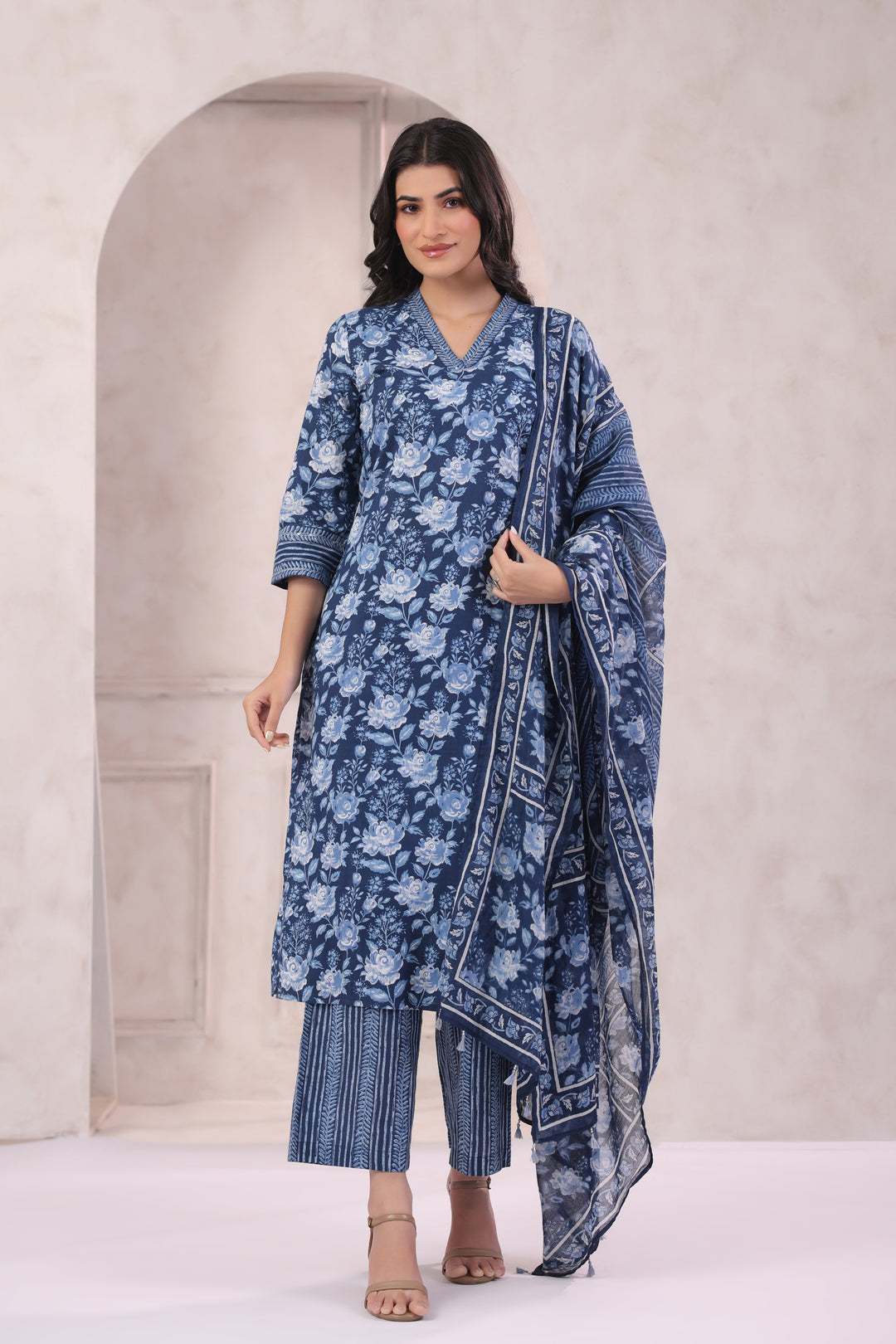 Blue Cotton Printed Designer Kurta Pant With Dupatta Set