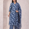 Blue Cotton Printed Designer Kurta Pant With Dupatta Set