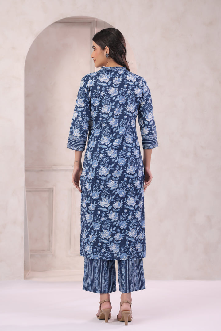 Blue Cotton Printed Designer Kurta Pant With Dupatta Set
